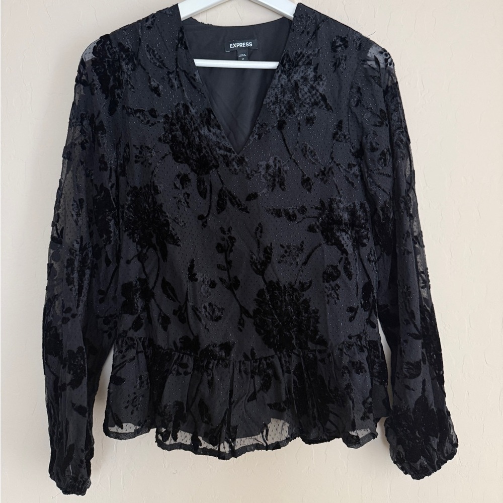 Express Floral Velvet Burnout Black Goth Whimsigoth Ruffle Top Black XS